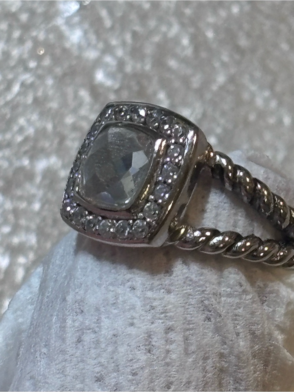 David Yurman Silver Cushion-Cut Halo Ring with Twisted Rope Band - Picture 2 of 5